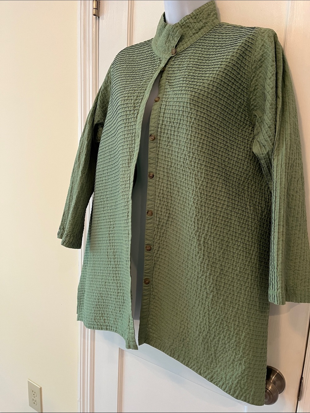 Yacco Maricard Cotton Pintuck Tunic Button Womens 3/L Green Lagenlook Japanese